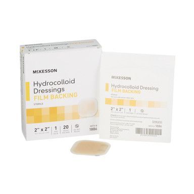 Box and individual sterile McKesson hydrocolloid dressings. Film backing. 2