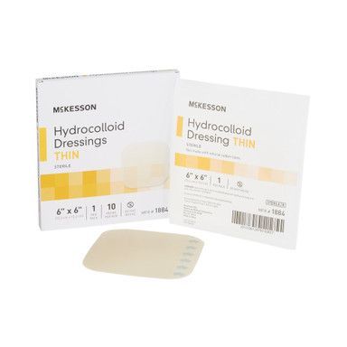 Two boxes and a dressing of McKesson hydrocolloid dressing THIN. The dressing is beige; boxes are white with yellow accents.