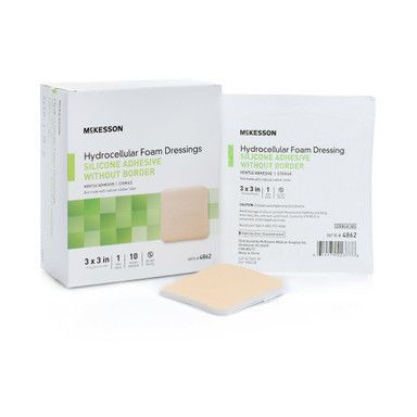 Box of McKesson hydrocellular foam dressings, silicone adhesive, without border, and an individual dressing.