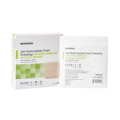 Box and individual package of McKesson Lite Hydrocellular Foam Dressings with silicone adhesive, without border.