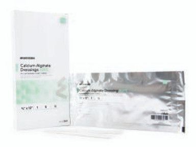 Calcium alginate wound dressings packaging, white box and silver sealed packet, with small strips.