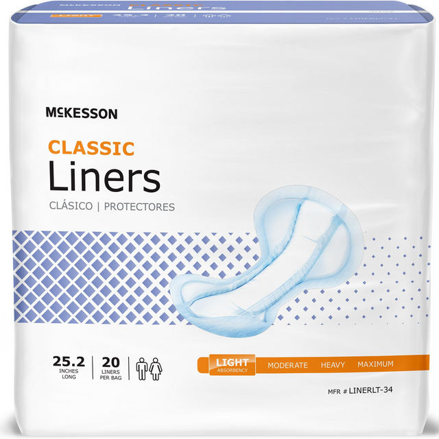 McKesson Classic Liners package. White and blue packaging with absorbent pad graphic.