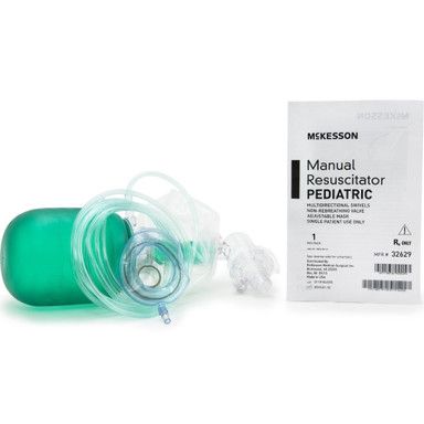 Pediatric manual resuscitator kit, McKesson brand, includes green bag, mask, and tubing.