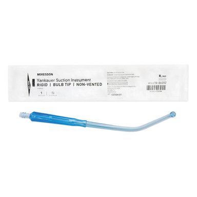 Yankauer suction instrument, rigid blue handle, curved tip, packaged.