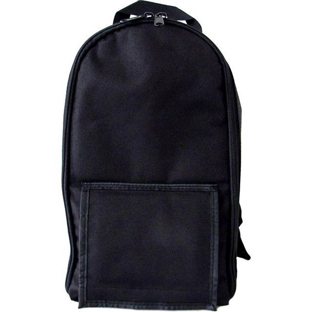 Black backpack with a front pocket, against a white background.