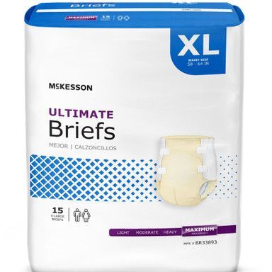 Package of McKesson Ultimate Briefs, XL size, with illustration of the brief and a chart showing absorbency level.