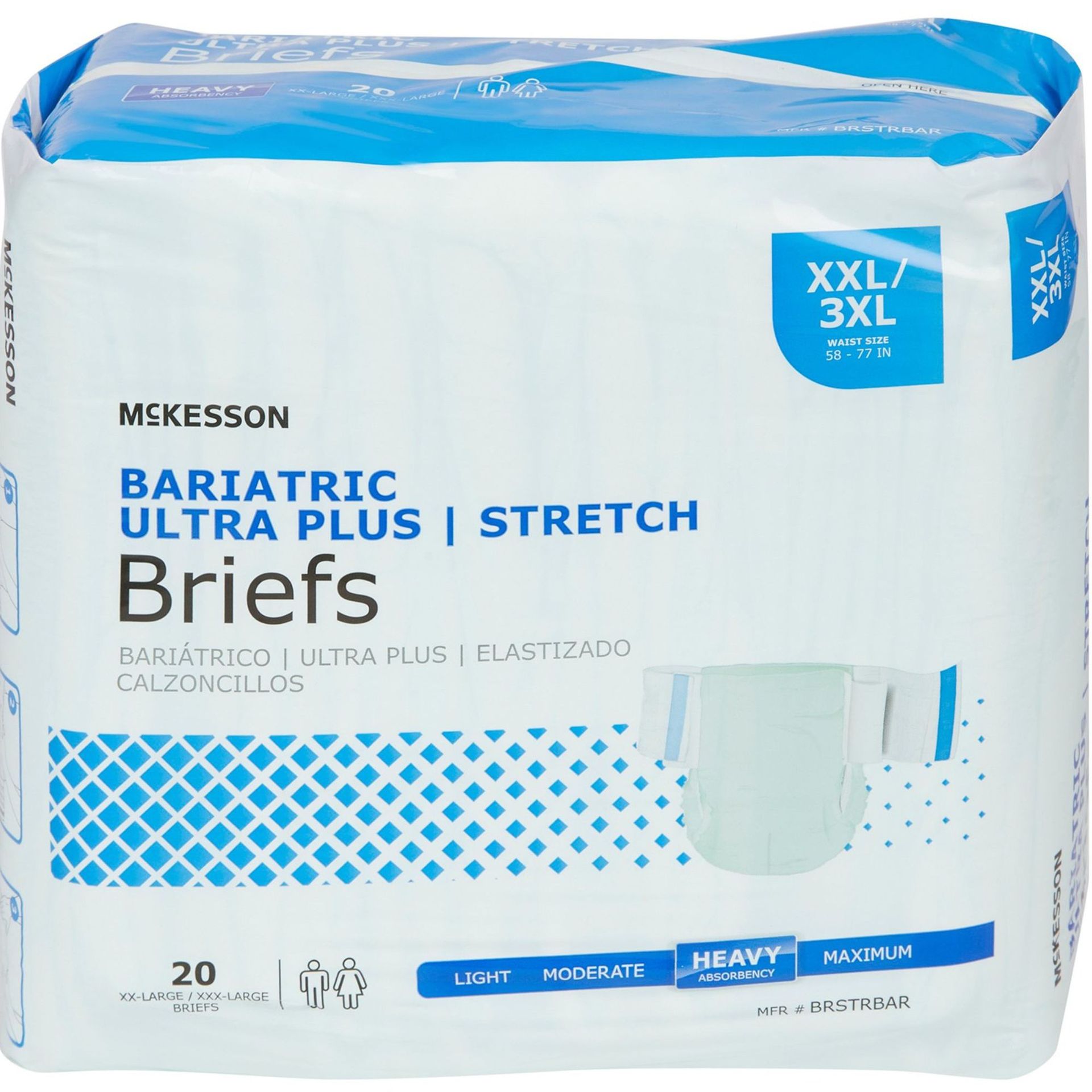 Package of McKesson Bariatric Ultra Plus Stretch Briefs, size XXL/3XL, with 20 briefs.