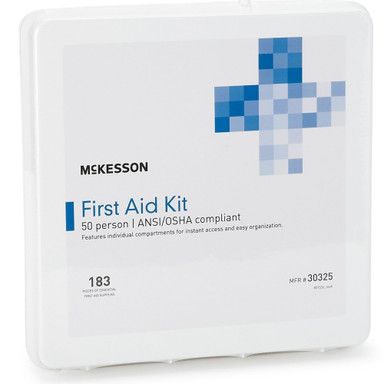 White McKesson first aid kit with a blue cross. ANSI/OSHA compliant, for 50 persons.