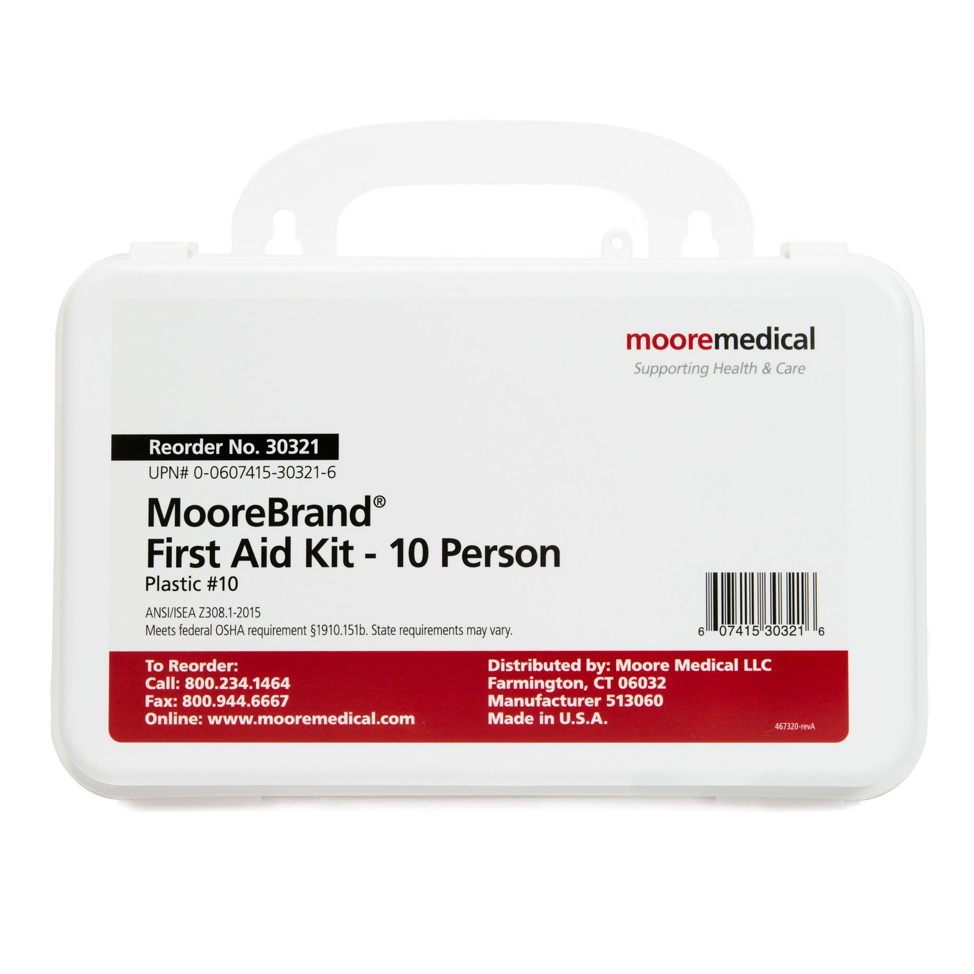 White MooreBrand 10-person first aid kit with a handle.
