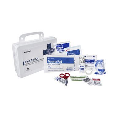 First aid kit containing medical supplies, white case, blue and white packaging.
