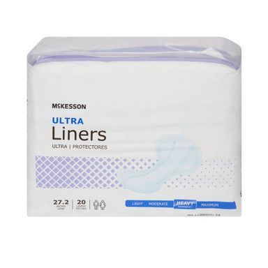 Package of McKesson Ultra Liners, white with purple accents; product description and an illustration of a liner.
