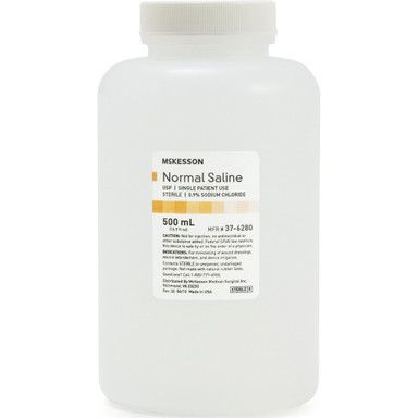 White bottle of McKesson Normal Saline solution, 500 mL, with a white label.