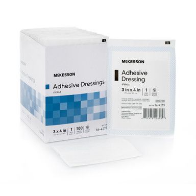 Box of McKesson adhesive dressings; white box with blue check pattern; one dressing displayed.