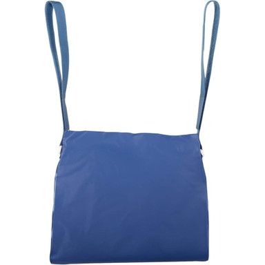 Blue crossbody bag with long straps.