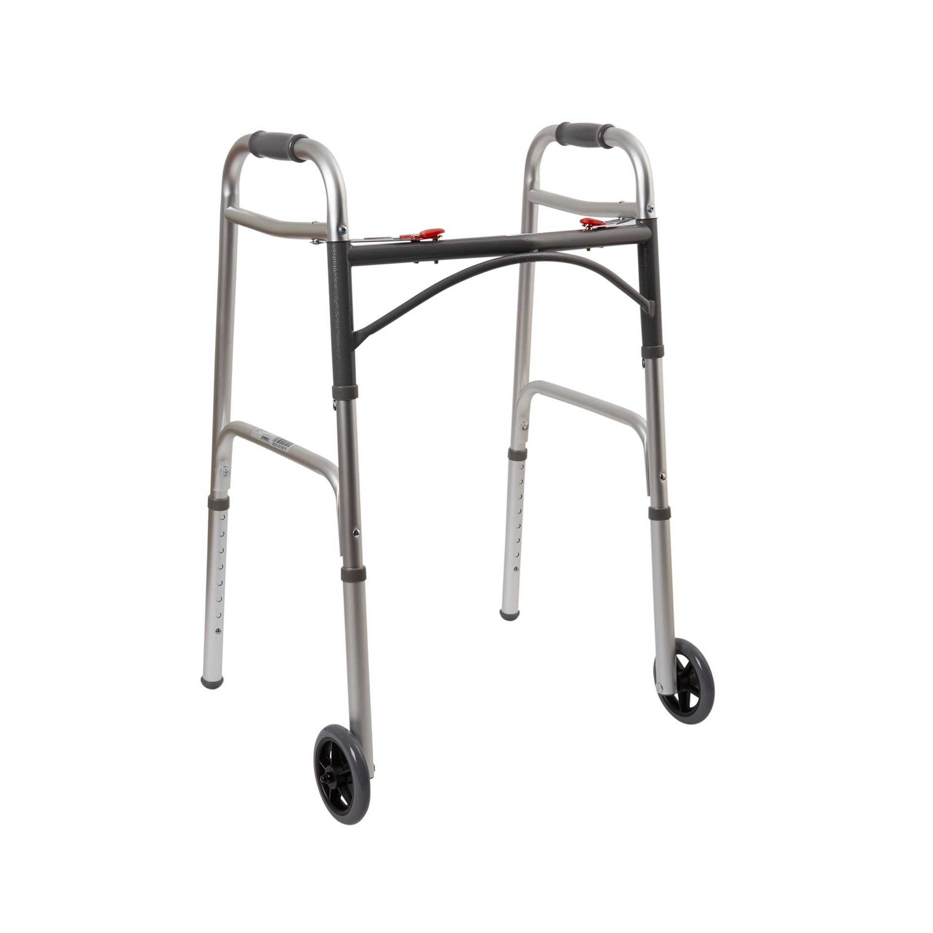 Silver walker with two front wheels, handles, and adjustable legs.