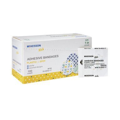 Box of Mikesson Kids adhesive bandages. White box with yellow accents, and a few individual bandages visible.
