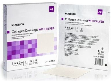 Boxes of Mikesson Collagen Dressings with Silver, 4x4 inch size, white with purple accents.