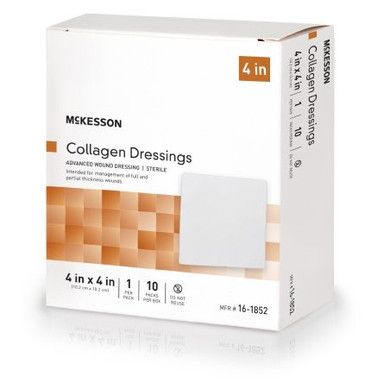 Box of McKesson Collagen Dressings, 4x4 inches, for wound care. White box with product details and a sample dressing.