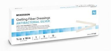Box of McKesson Gelling Fiber Dressings, antibacterial silver. Contains 5 individually wrapped dressings.