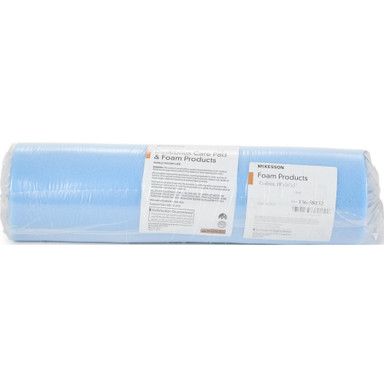 Blue foam roll, packaged in plastic, with product labels.