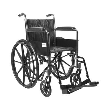 Black wheelchair on a white background, with seat, back, armrests, wheels, and footrests.
