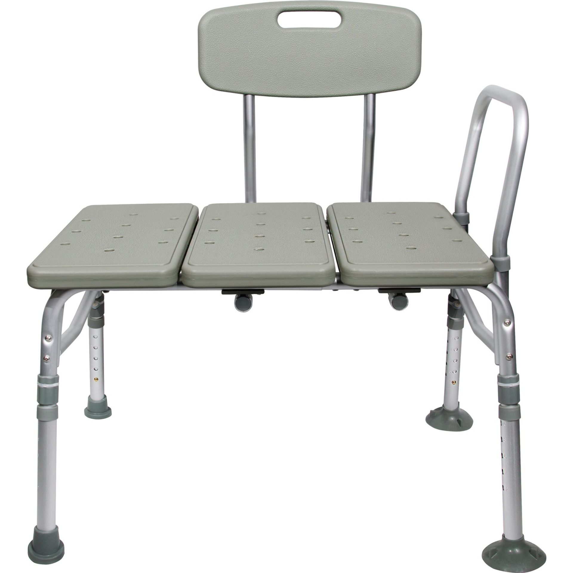 Gray and silver adjustable shower chair with back and armrest.