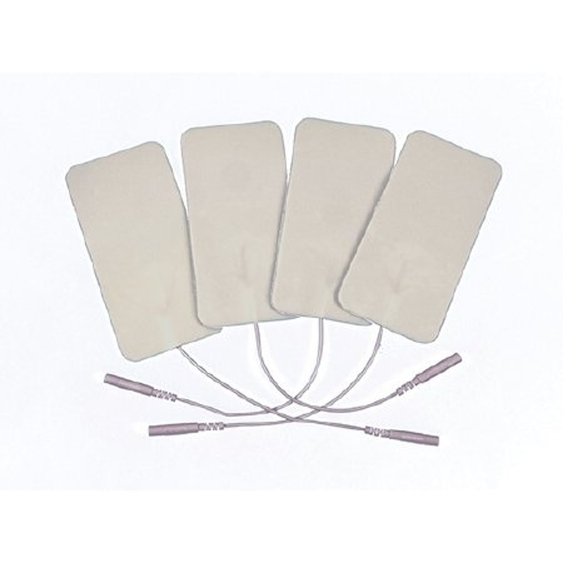 Four beige electrode pads with attached wires, arranged on a white surface.