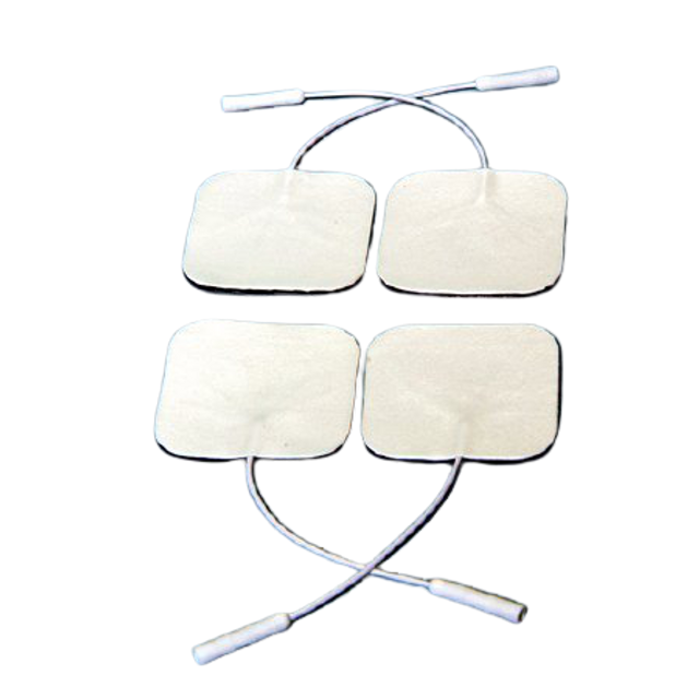 Four square, white electrode pads with connector wires, used for electrical stimulation therapy.