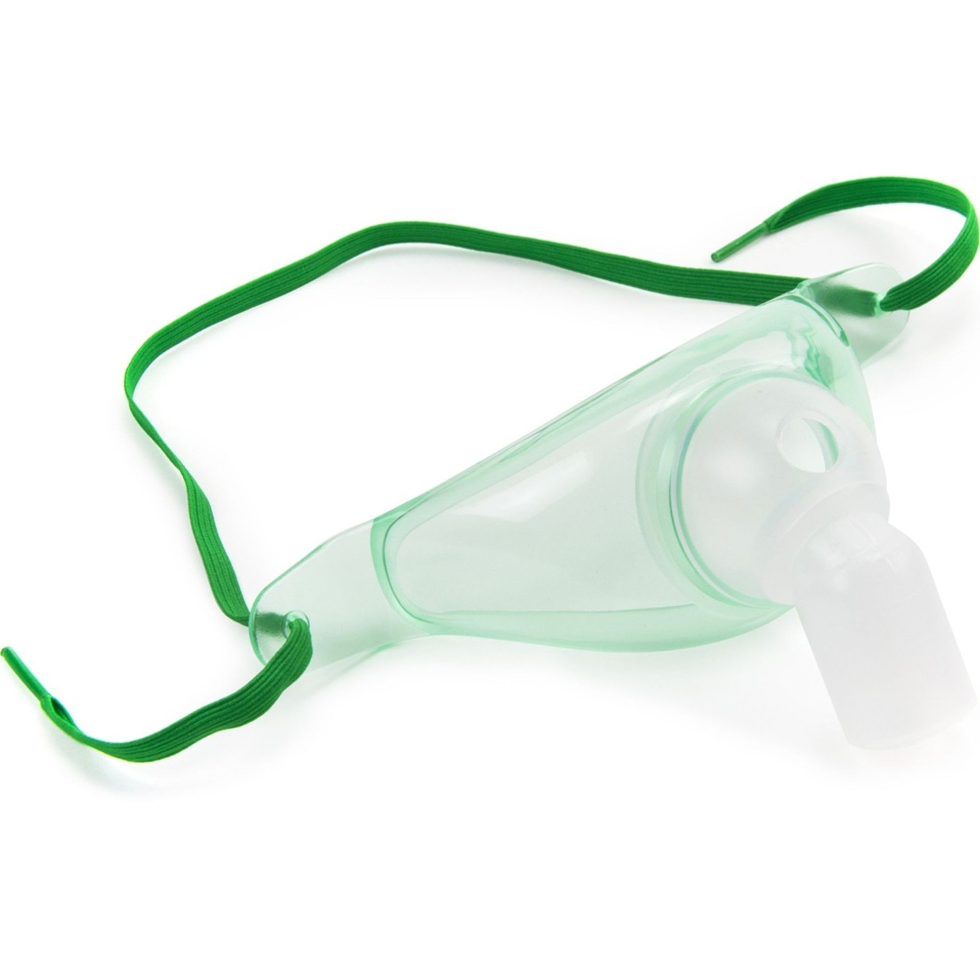 Green oxygen mask with attached green elastic straps.