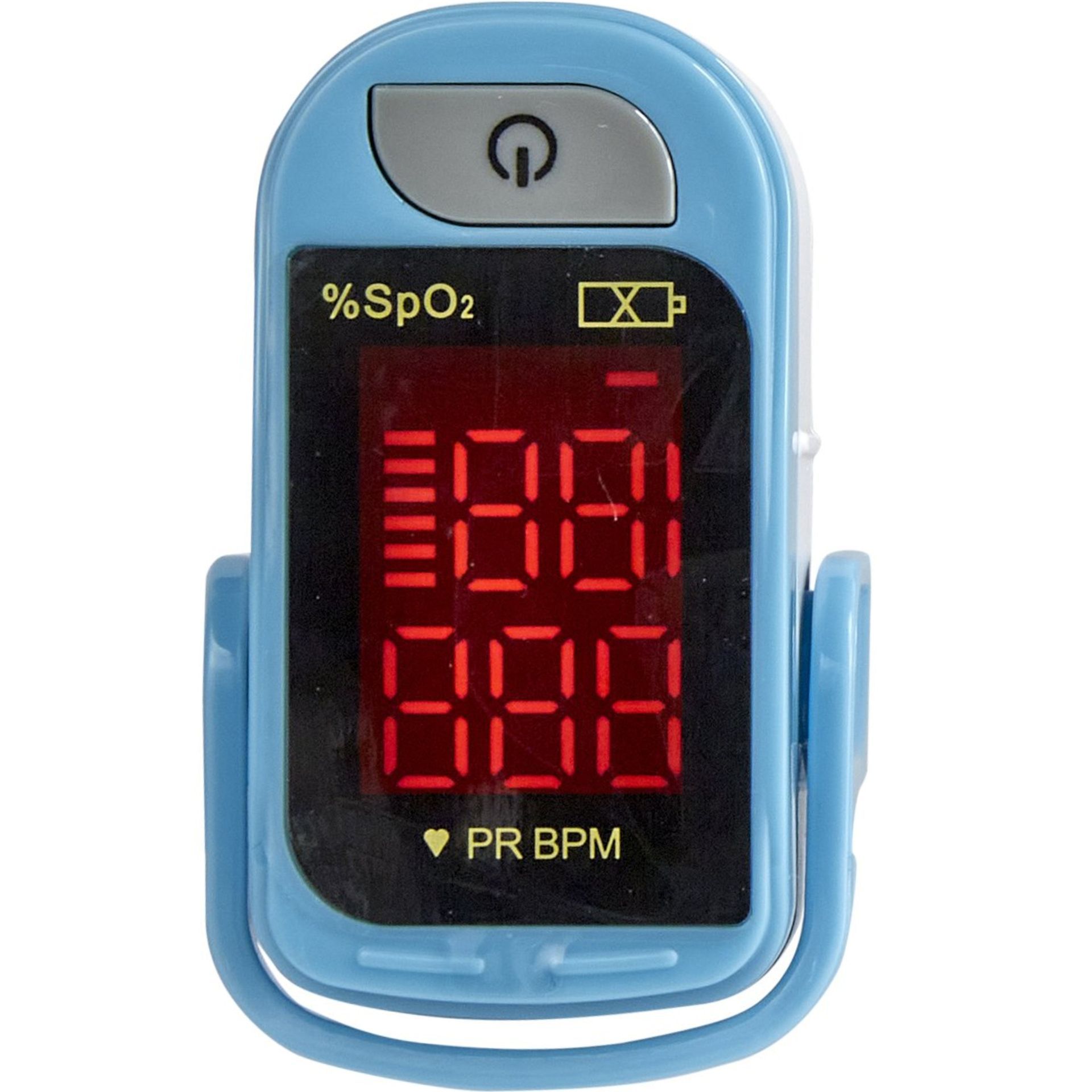 Blue finger pulse oximeter displaying oxygen saturation and pulse rate on a red LED screen.