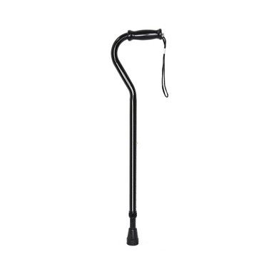 Black offset cane with a curved handle and wrist strap.