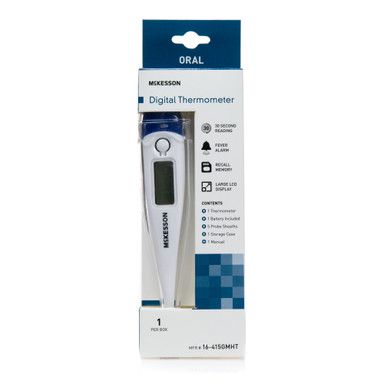 McKesson digital oral thermometer in its packaging, white and blue, on a white background.