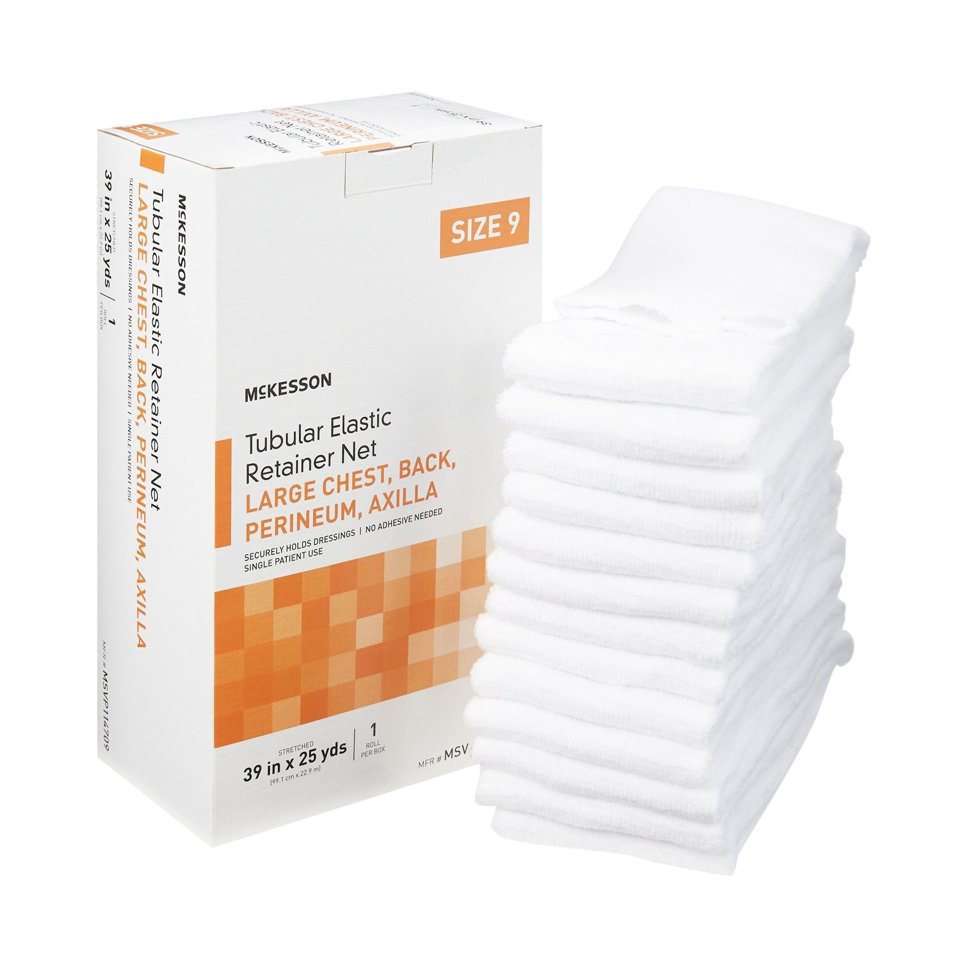 Box of white medical tubular net dressings, size 9, stacked next to the box.