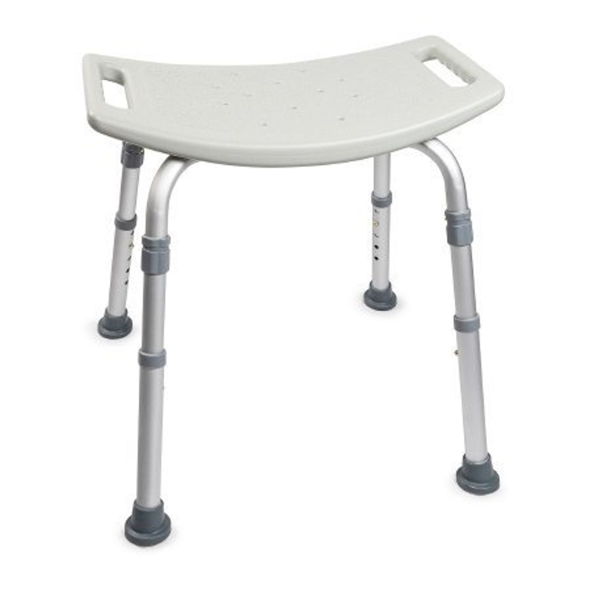 Adjustable height shower stool with a white seat and silver legs.
