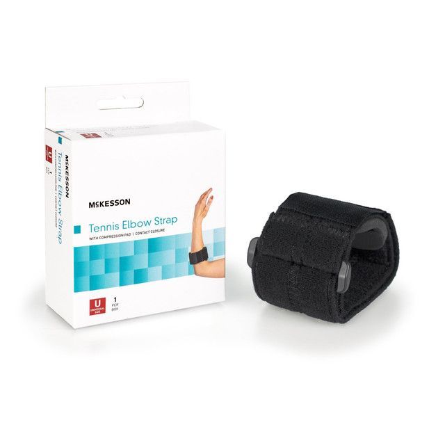 Tennis elbow strap and packaging; black support brace, white box with product info.