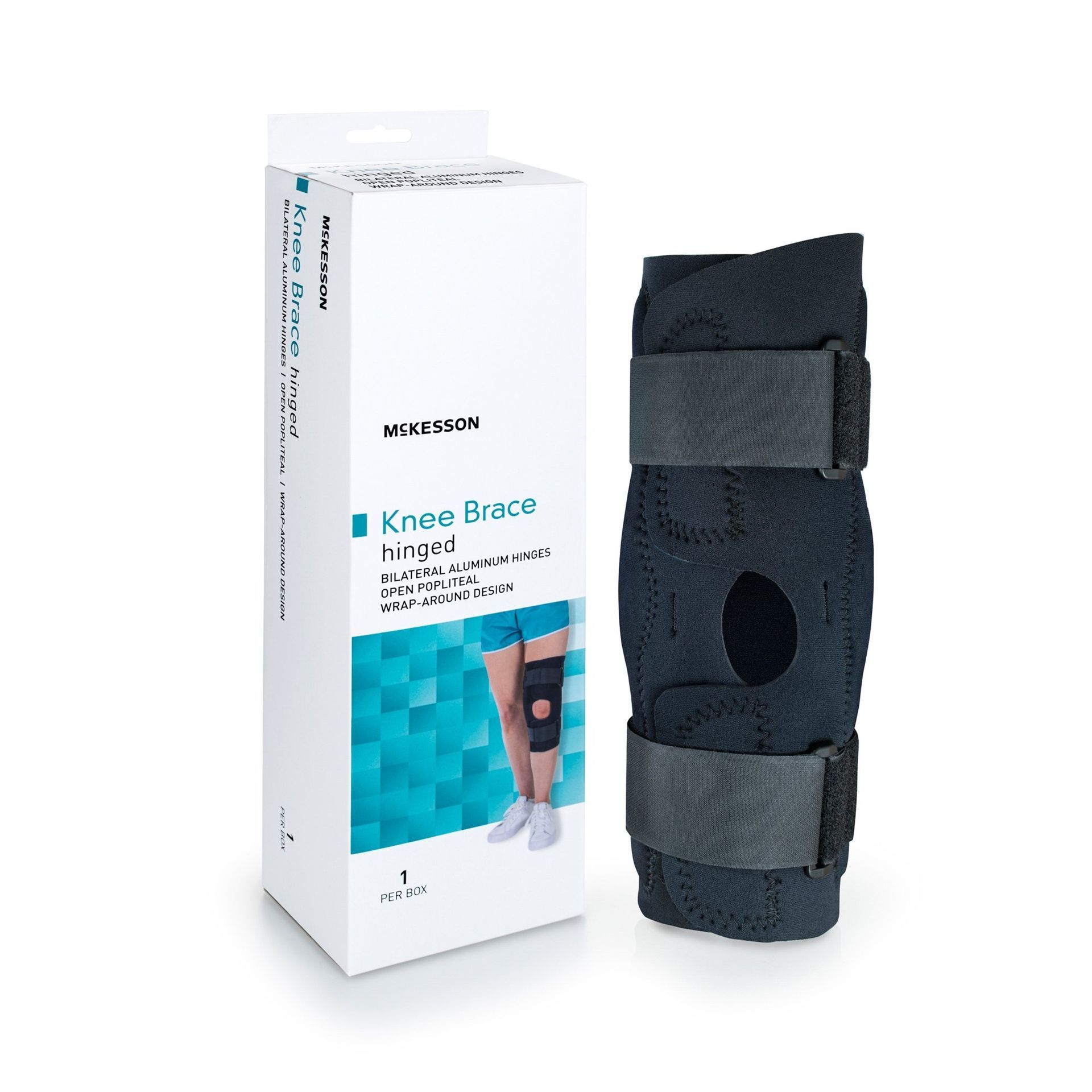 Boxed black knee brace with straps, next to its packaging.