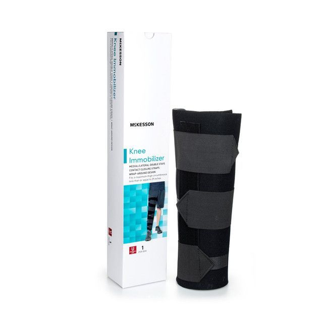Knee immobilizer in packaging. Black brace with velcro straps, white box with blue accents, on white surface.