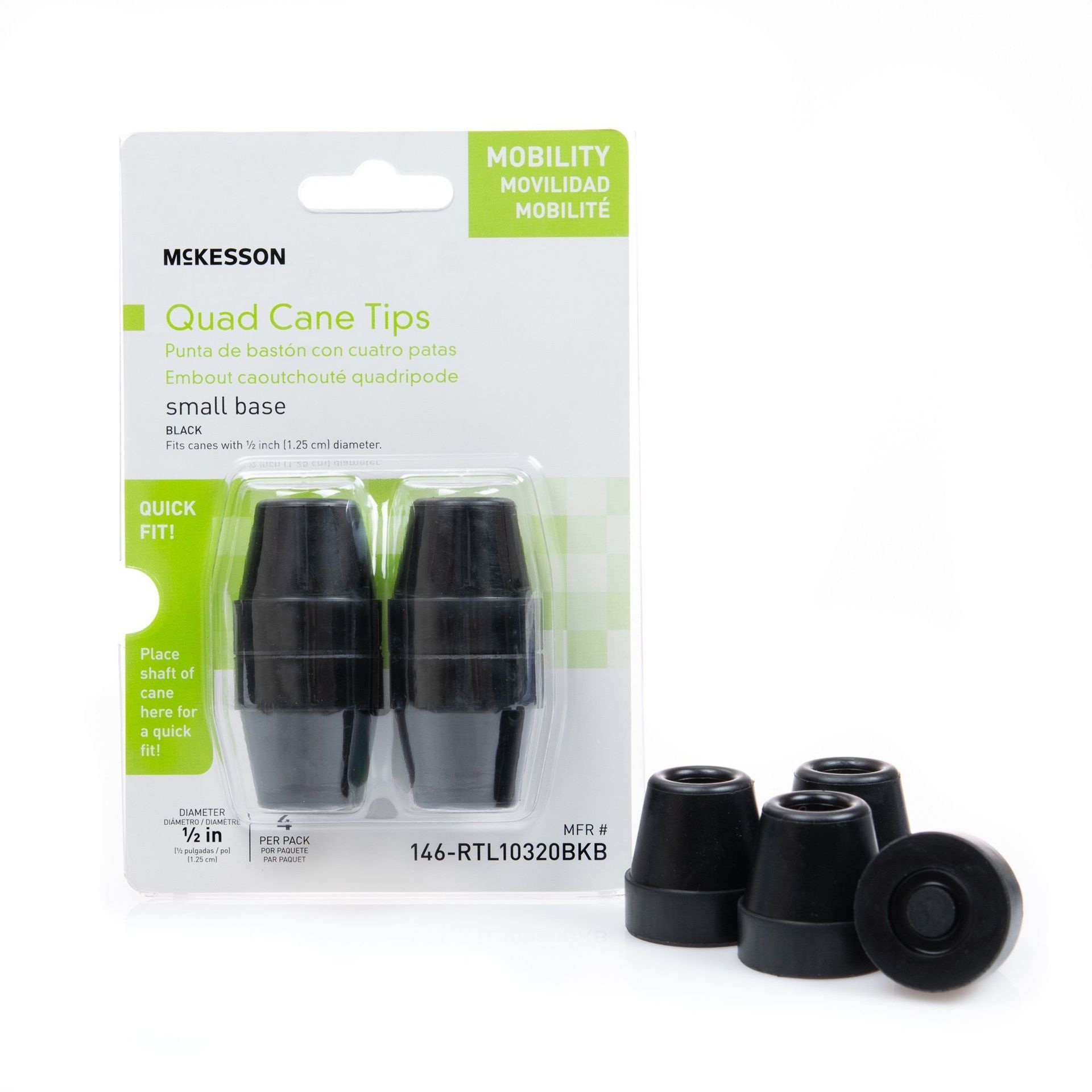 Black quad cane tips, McKesson brand, in package and loose on white background.