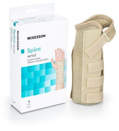 McKesson wrist splint box and beige support with adjustable straps.
