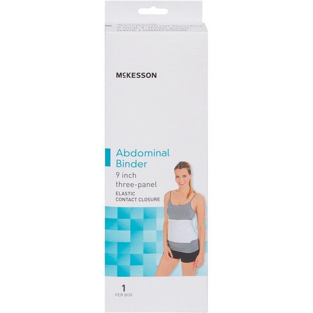 McKesson abdominal binder packaging with woman, white and blue design.