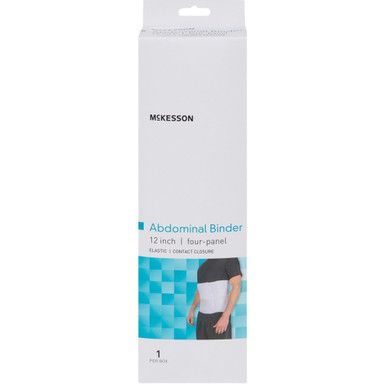 White box for an abdominal binder, with a blue and white design and a photo of a person wearing the binder.