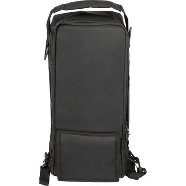Black padded musical instrument gig bag with white stripe.