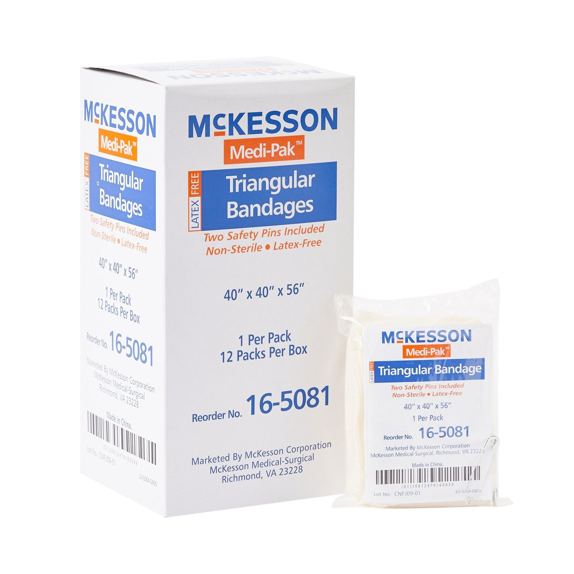 Box of McKesson triangular bandages with a packaged bandage next to it.