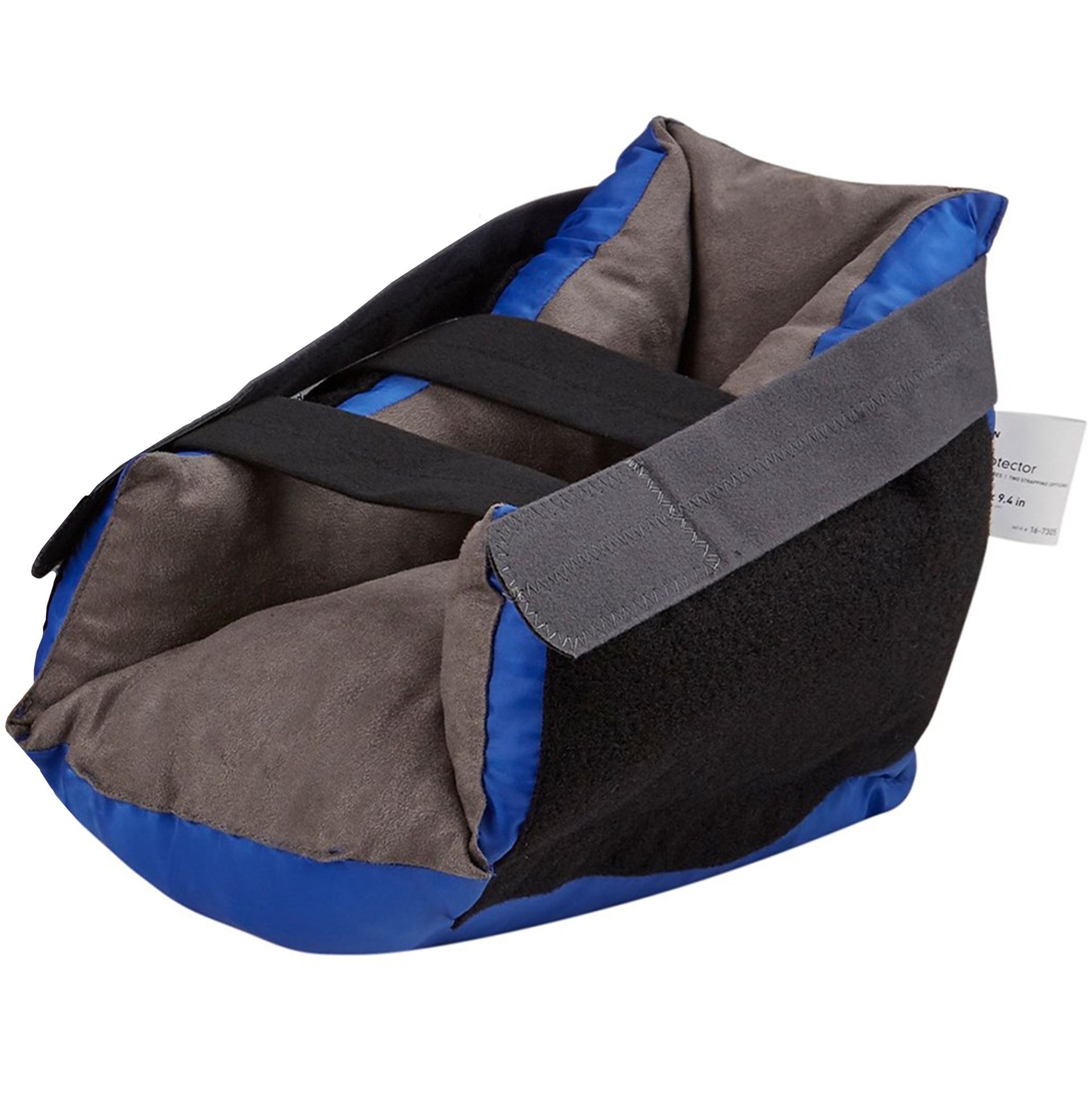 Heel protector boot, blue and gray, with black straps, designed for medical use.