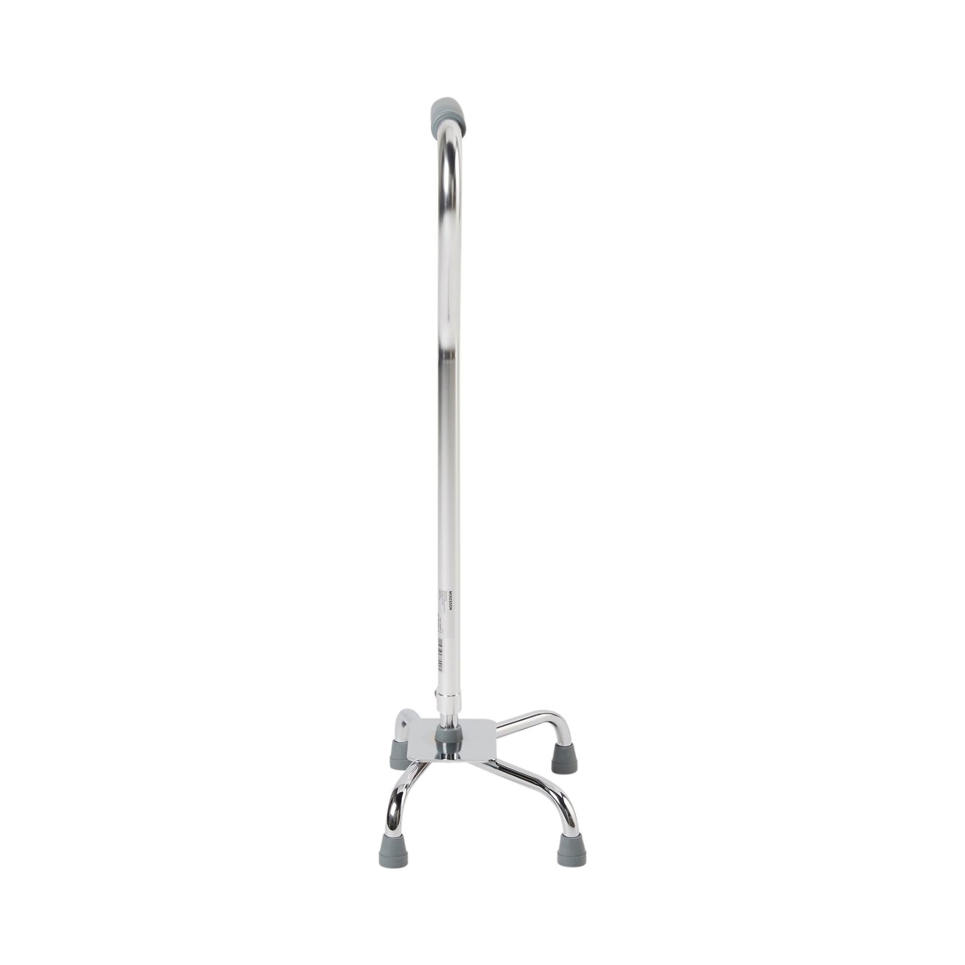 Silver quad cane with a curved handle and four feet, on a white background.