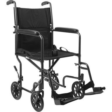 Black folding transport wheelchair.