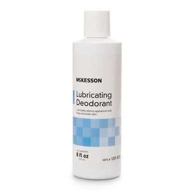 White bottle of McKesson Lubricating Deodorant with blue square design. 8 fl oz container.