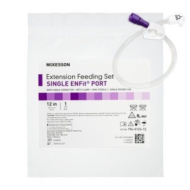 McKesson extension feeding set. Single ENFit port, 12-inch, white package with tubing and purple connector.