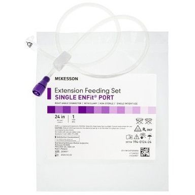 McKesson Extension Feeding Set in a clear, sealed plastic bag with purple port and tubing.