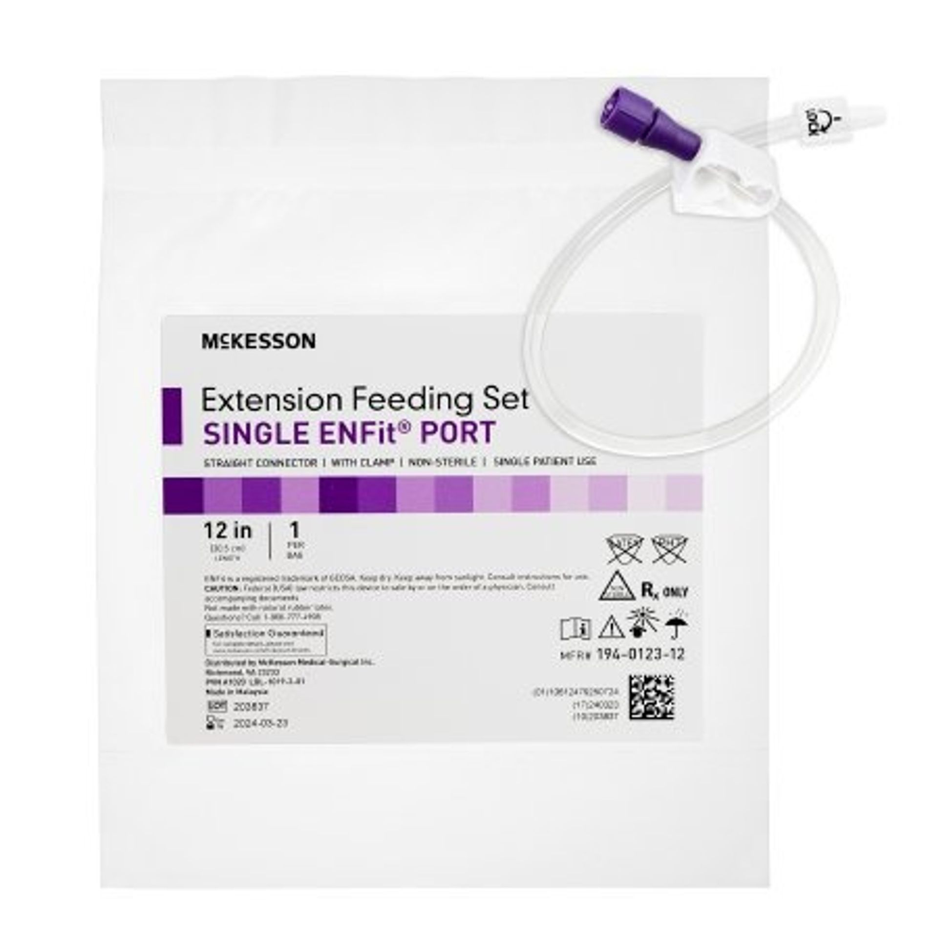 McKesson Extension Feeding Set, single ENFit port, sterile tube, packaged.